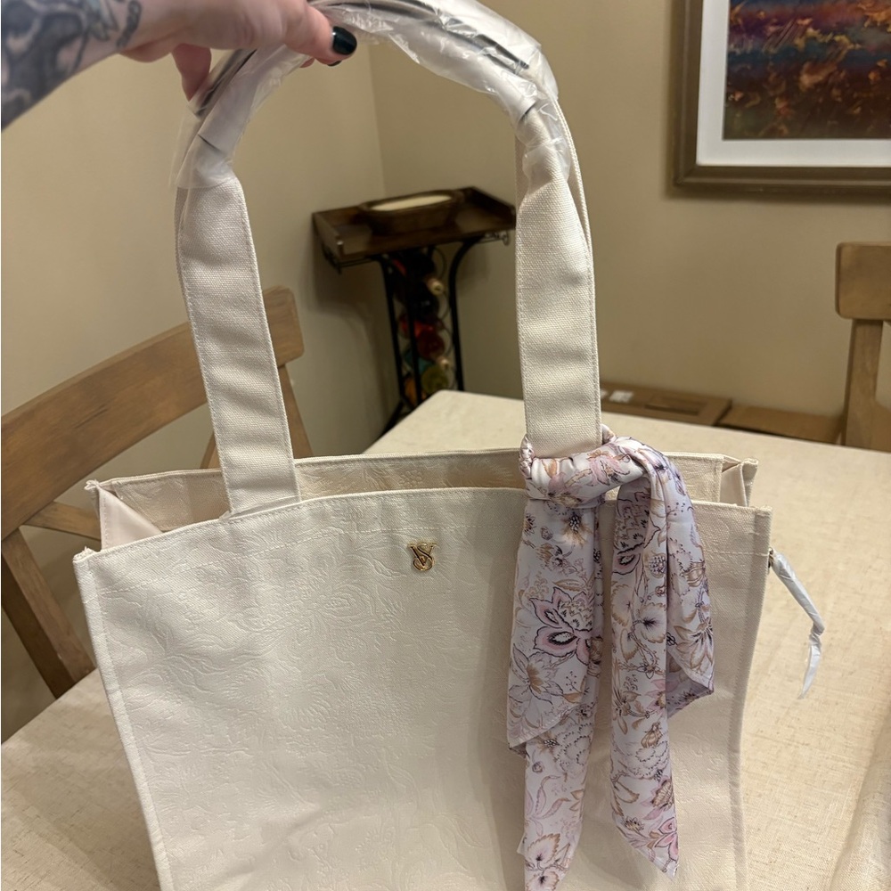 Victoria Secret Elegant Cream Tote Bag with Scarf